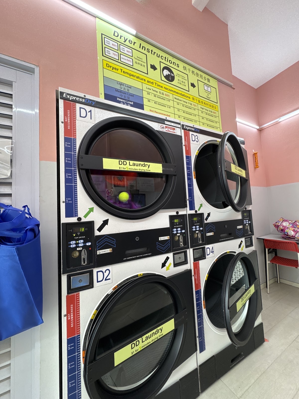 Stacked ExpressDry dryers with one dollar per five minutes labels
