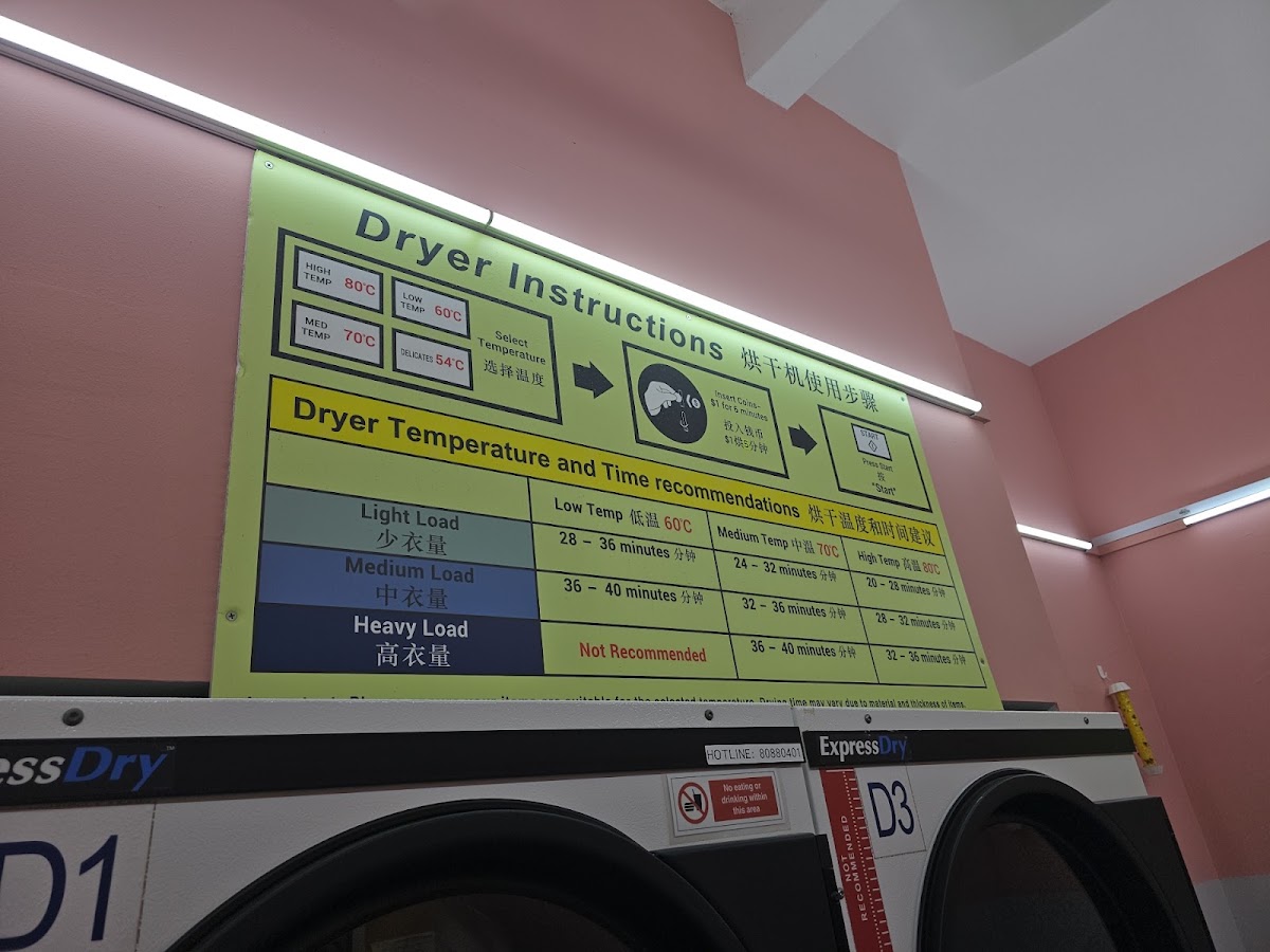 Dryer instructions and temperature time chart above the dryers